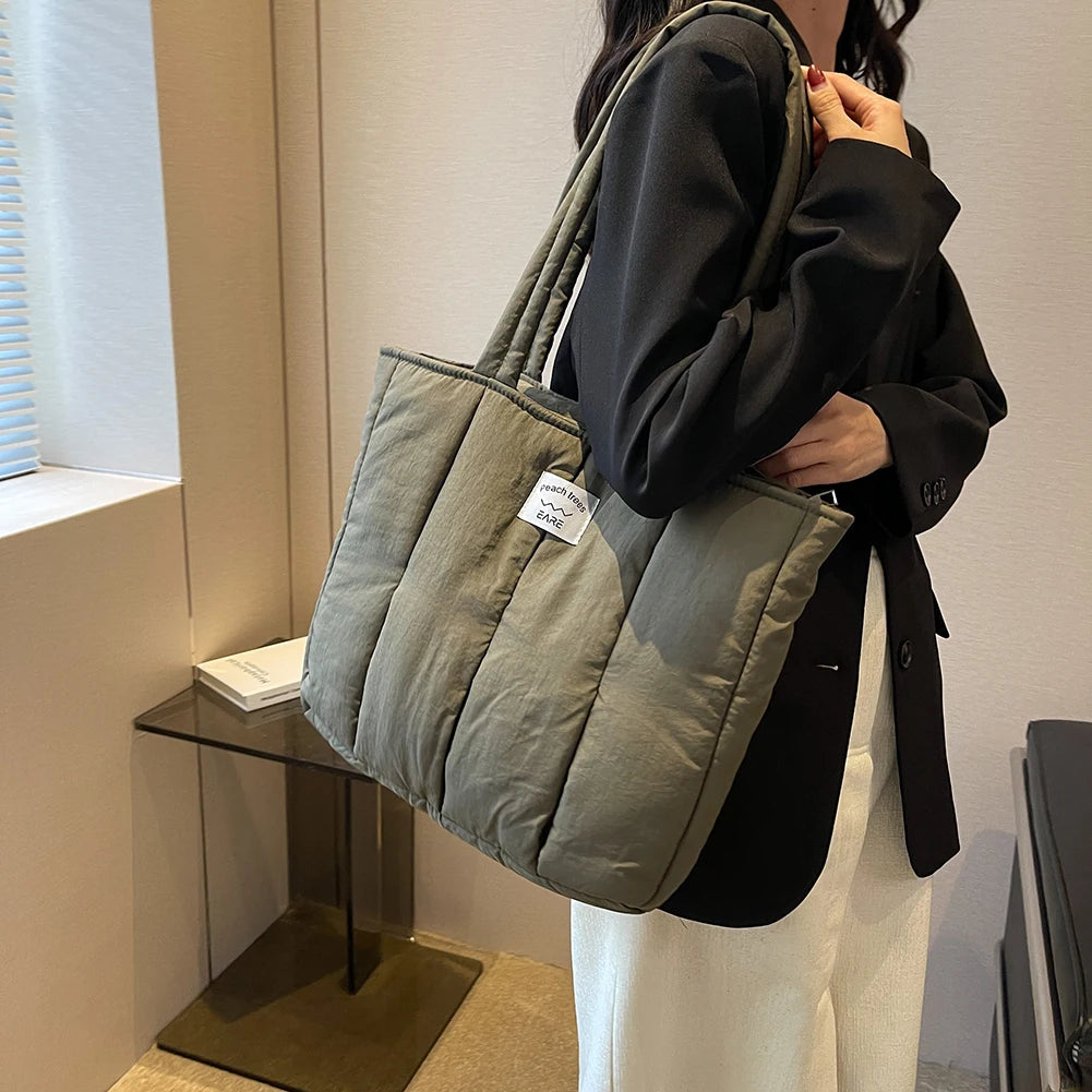 Casual Top-Handle Bag Large Capacity Women Shoulder Handbag Cotton Padded Solid Color Soft Portable Designer for Office Travel