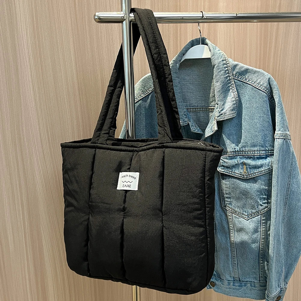 Casual Top-Handle Bag Large Capacity Women Shoulder Handbag Cotton Padded Solid Color Soft Portable Designer for Office Travel